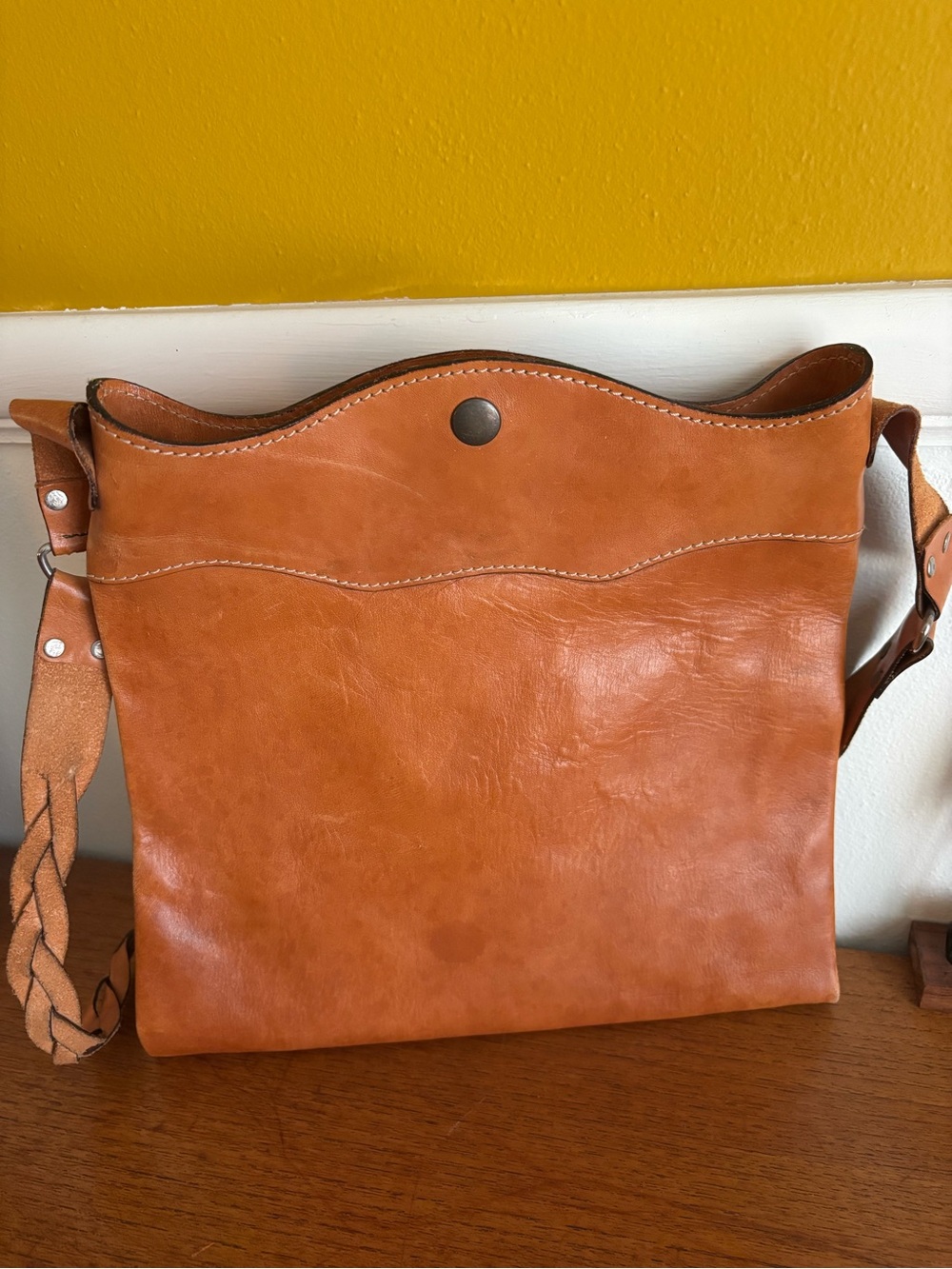 Y2K gap leather shoulder bag with braided strap and metal detailing